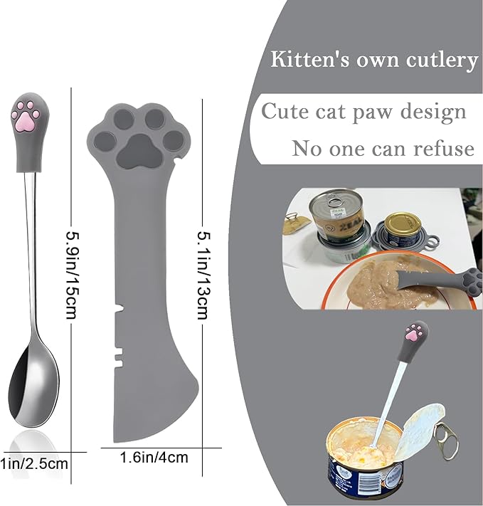 4 Pcs Cat Food Can Spoon & Can Covers | Cute Paw Silicone Pet Food Can Opener Spatula & Can Lids | Stainless Steel Wet Food Spoon for Cats and Dogs(Grey)