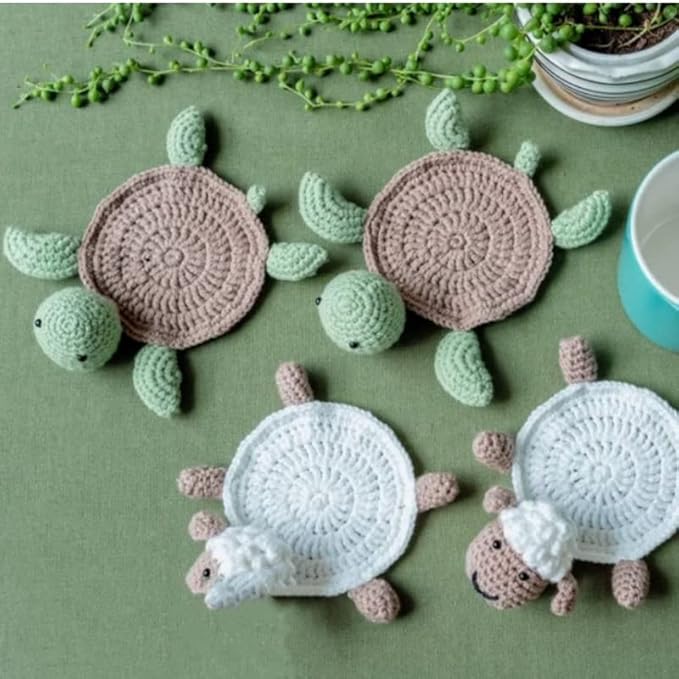 4 Pcs Crochet Sheep Coasters for Drinks, Funny Handmade Woven Coaster Set, Cute Sheep Shaped Mug Cup Mat Table Desk Decoration Housewarming Gift