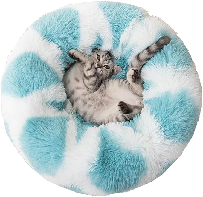 Cat Beds for Indoor Cats, Dog Bed, Cat Bed, Machine Washable, Fluffy Round Pet Bed Non-Slip, Autumn and Winter Warmth, Cuddler Cushion Self Warming (Plaid Sky Blue, 20 inch)