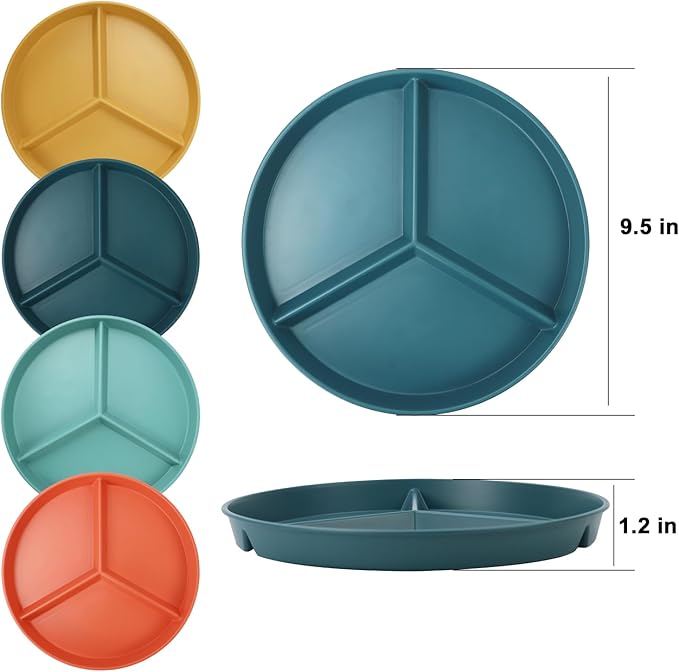 9.5 Inch Divided Plates Portion Control Plates 8 Pcs, Wheat Straw Dinner Plates, Microwave & Dishwasher Safe Bariatric Plate for Portion Control (Multicolor)