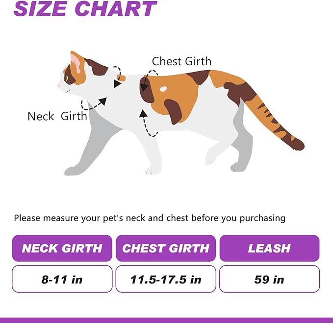 Cat Harness and Leash Set Escape Proof for Walking, Adjustable Cute Kitten Harness Leash with Airtag Holder for Small Large Cats, Lightweight Soft Walking Travel Harness (Purple)