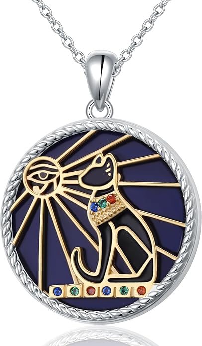 Alphm Egyptian Jewelry for Women 925 Sterling Silver Bastet Goddess/Eye of Horus Pendant Necklace Ancient Egyptian Jewelry Present
