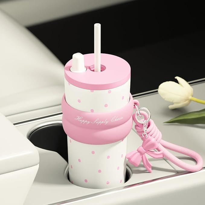 24 oz Cute Portable Iced Coffee Travel Tumbler with Straw For Women, Sidagar Water Bottle for Hot and Cold Coffee Mug, Reusable Portable Water Bottle, Metal Thermal Cup Leak Proof, Pink Dot