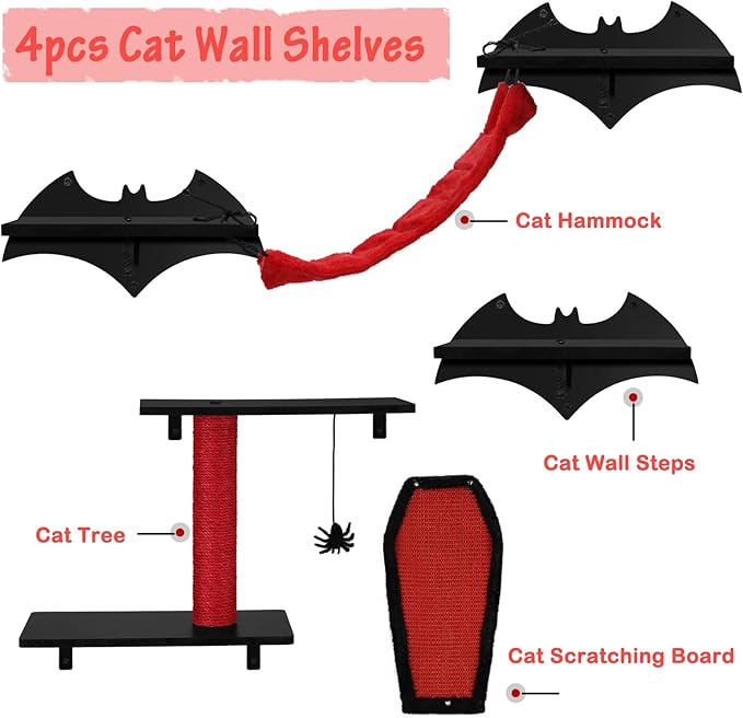 Gothic Cat Wall Shelves 4pcs Wall-Mounted Cat Climber Set Cat Tree Cat Bed with Bridge Ladder Wall Steps Scratching Board Posts Hanging Spider Toy Cat Condo Halloween Cat Wall Furniture for Cats