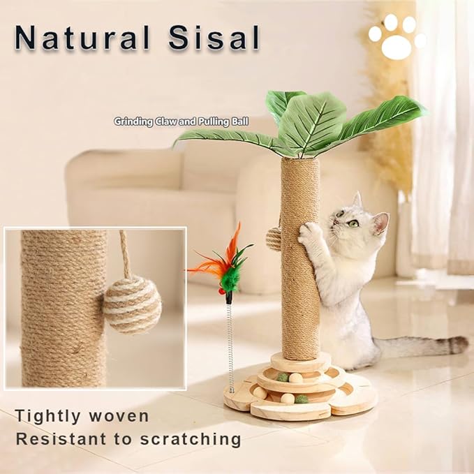 Marchul Cat Scratching Post with 2 Level Track Ball Tower Toy for Indoor Cats and Kitten, 3D Decorative Leaves, Sisal Rope, Interactive Cat Toy for Kitten Mental Physical Exercise