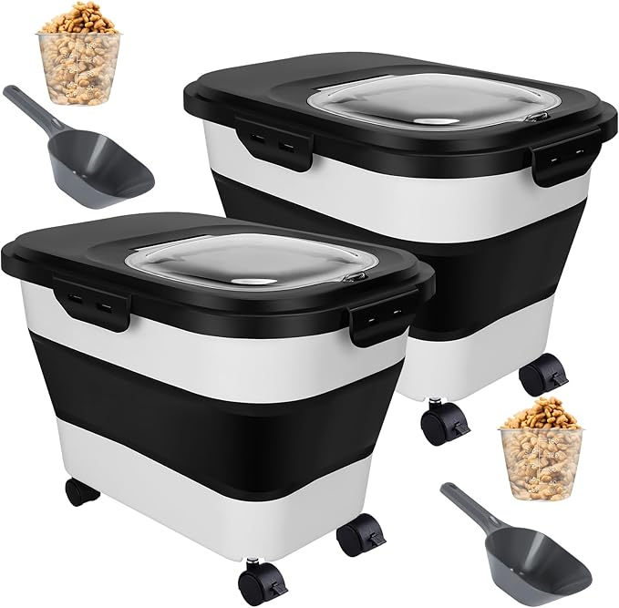 2 PCS Dog Food Storage Containers 15-20 Lbs Collapsible Dog Food Storage Container - with Measuring Cup &Scoop(Black+Black)