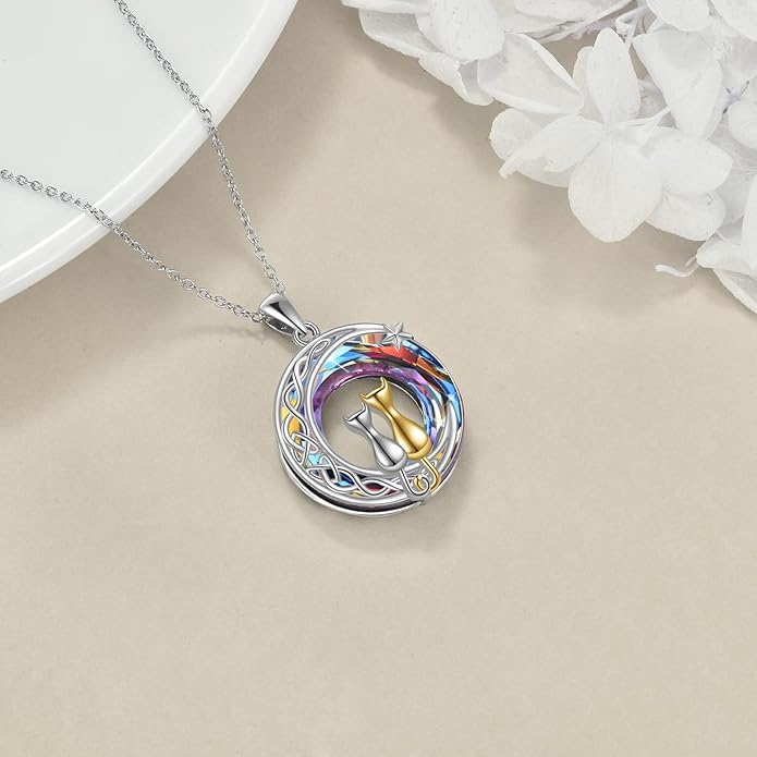 925 Sterling Silver Moon Black Cat Necklace for Women - Tree of Life Jewelry with Abalone Stone - Cat Lover Birthday Gift