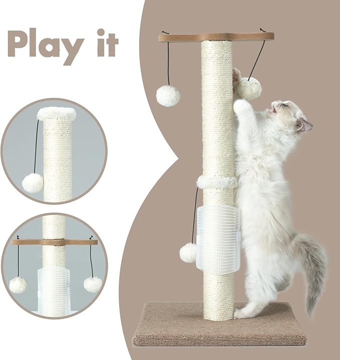 PAWSFANS Cat Scratching Post Sisal Vertical Scratcher Posts for Indoor Cats and Kittens,Three Hanging Ball Toy and Self-Grooming Brush,26inches Cat Scratch Pole Beige
