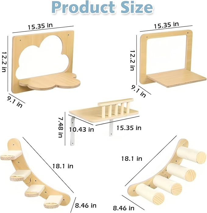 PINVNBY 5 Pcs Cat Wall Furniture, Cat Wall Shelves, DIY Cat Walls Playground with 3 Cat perches, 2 Cat Steps for Sleeping, Playing, Climbing, Large, Burlywood