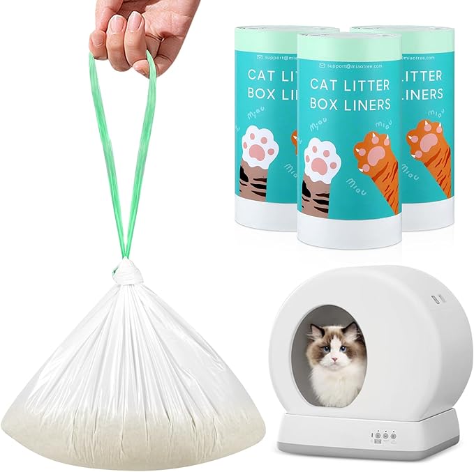 60 Count Self-Cleaning Cat Litter Box Liners Bag Fit For MW-SC01/MW-SC02/MW-LR01, Drawstring Heavy Duty Cat Litter Receptacles Bags Compatible with Automatic Cat Litter Box-18" * 12"