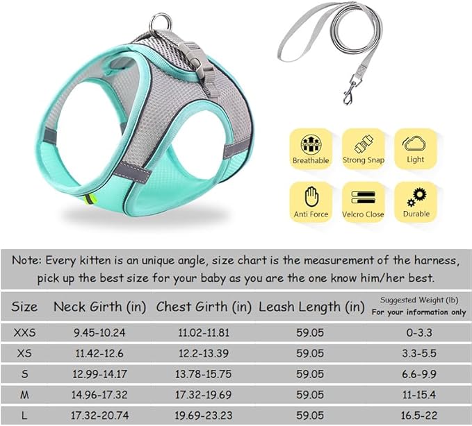 Cat Harness and Leash Set Soft Adjustable Escape Proof Cat Leash Breathable Comfortable Vest Easy to Wear Kitten/Small Dogs Harness for Outdoor Walking Green XXS