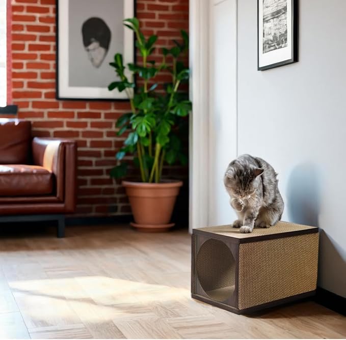 Cat Scratcher Tunnel, Cardboard cat House, Scratching Post for Indoor Cats, 360 Degree Comfort, Durable Design, Odor-Free, Easy Assembly, Perfect for Playful Kittens and Adult Cats, Espresso