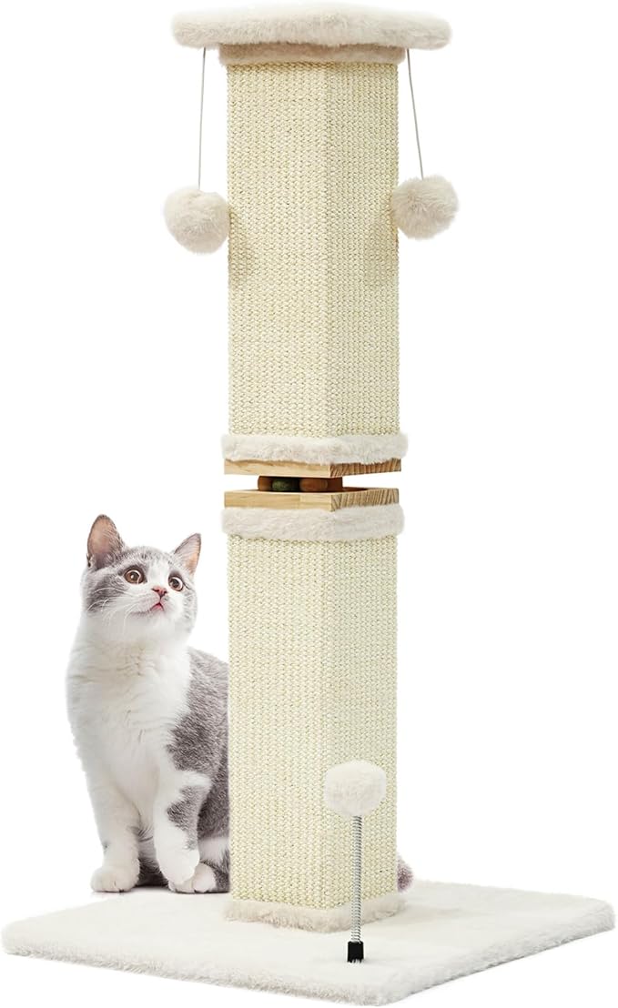 OTOB Cat Scratching Post 33 Inch, Nature Sisal Scratching Posts for Indoor Cats Adults Kitten, 6-in-1 Interactive Turntable Cat Scratch Post Protect Your Furniture, Large Cat Scratcher, Beige