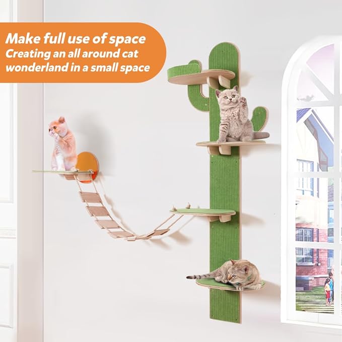 Docal Cat Climbing Tower Wall,Cat Wall Shelves with Cat Tree Tower Cactus Shape with Carpeted Plank for Indoor Cats,Suitable for Indoor Cats Climbing Tower Activity Wood Cat Wall Furniture