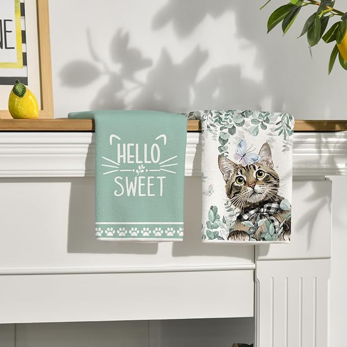 Artoid Mode Eucalyptus Leaves Cat Hello Sweet Kitchen Towels Dish Towels, 18x26 Inch Buffalo Plaid Bow Tie Holiday Decoration Hand Towels Set of 2