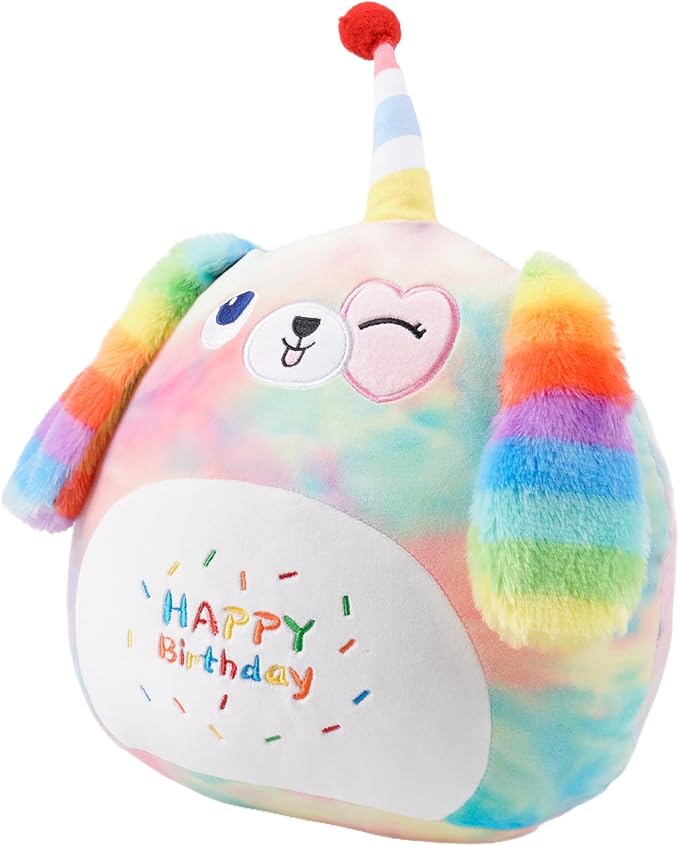 16 Inch Plush Rainbow Dog Stuffed Animal Happy Birthday Dog Hugging Pillow Birthday Dog Plushies Throw Pillow Birthday Rainbow Puppy Anime Gift for Kids and Lovers