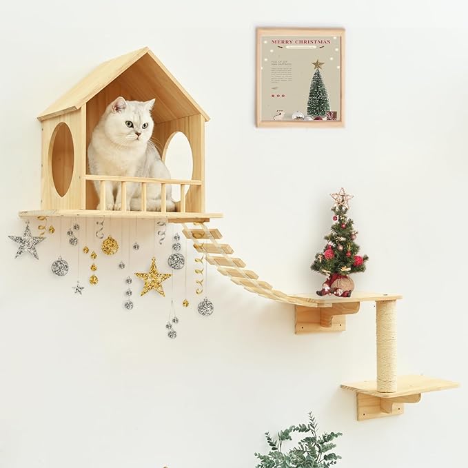 Cat Wall Shelves 5 pc, Wall Mounted Cat Climbing Shelves, Cat Wall Furniture with 1 Cat Condo Houses,2 Cat Perches, 1 Bridge Ladder and 1 Scratching Post