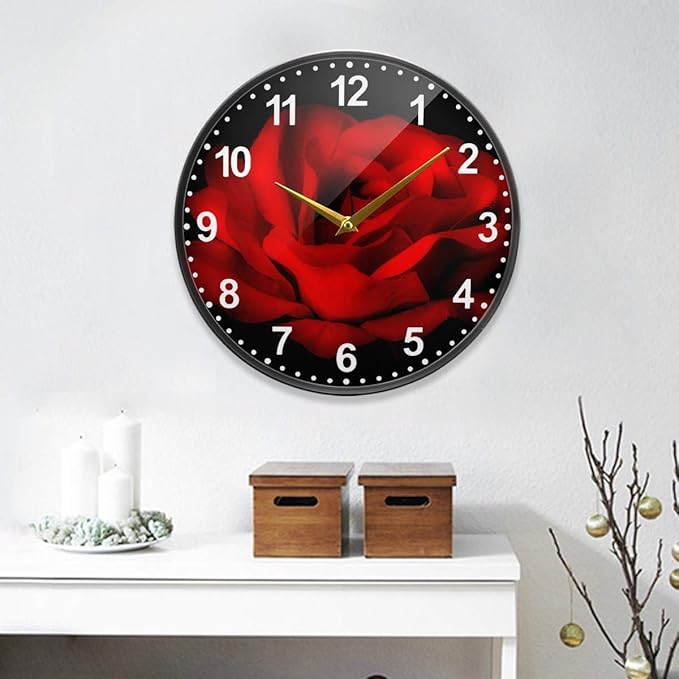 ALAZA Red Rose Flower Black Wall Clock Battery Operated Silent Non Ticking Clocks for Living Room Decor 12 Inch / 9.5 Inch