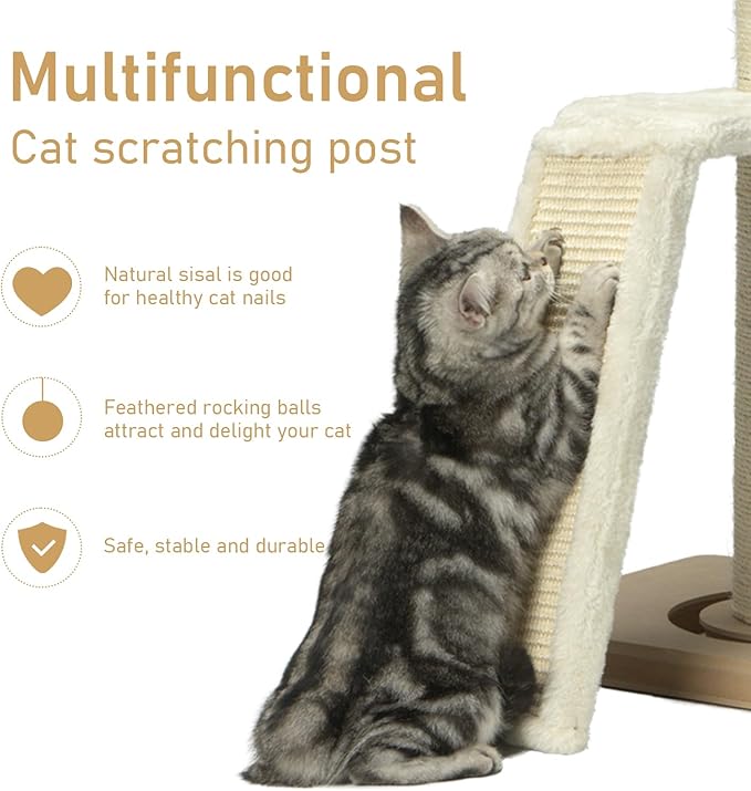 PEEKAB Cat Scratching Post,31" Tall Sisal Scratch Posts with Vertical Scratching Board for Cats and Kittens,with Track Ball and Hanging Feather Ball Toys,Beige