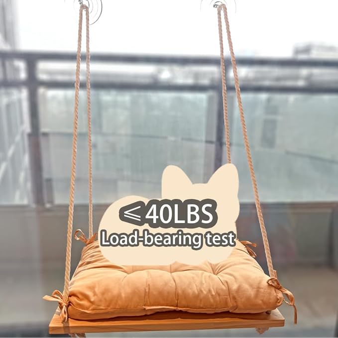 Cat Window Perch, Cat Window Rack with Gunny Rope and Thick Cushion, Wooden Cat Window Hammock, Furniture for Cats - Hanging Window Shelf for Cats