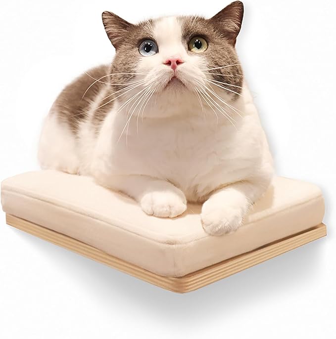 Cat Shelves Wall Mounted Cat Step with Cushion Wooden Cat Climbing Shelf Cat Wall Furniture for Sleeping and Playing 11.8"x10.2", Support to 40 LBS(White Oak)