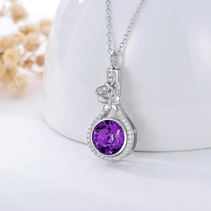AOBOCO Butterfly Urn Necklace for Ashes 925 Sterling Silver Butterfly Cremation Jewelry Memorial Keepsake Pendant with 12 Months Birthstone Crystal from Austria