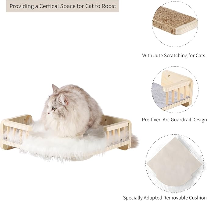 Cat Wall Shelves, Cat Shelves and Perches for Wall, Corner Cat Shelf, Cat Wall Furniture with 3 Steps Scratch Post, Cat Bed Hammock with Plush Covered, Climbing Shelf for Indoor Cats (Wood)