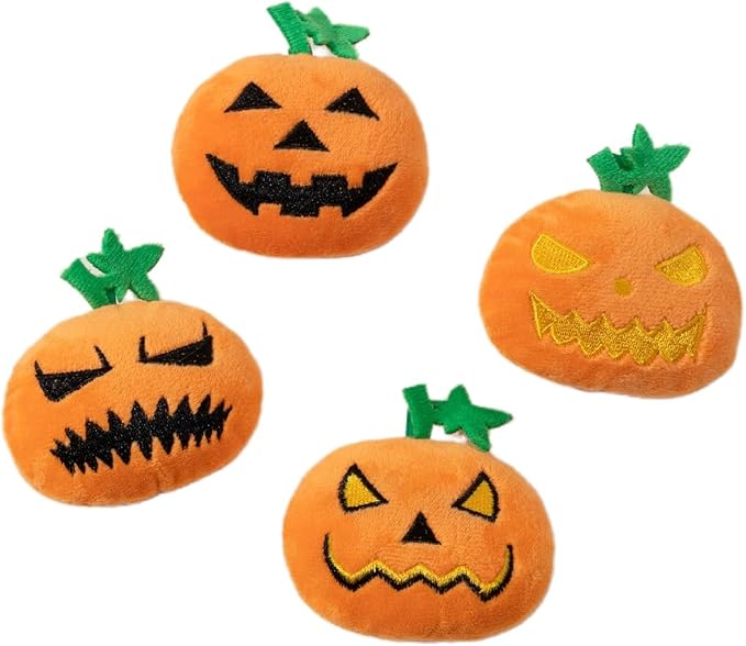 4PCS Halloween Pumpkin Cat Squeaky Toys Interactive Plush Pet Toy for Indoor Cats with Squeaker
