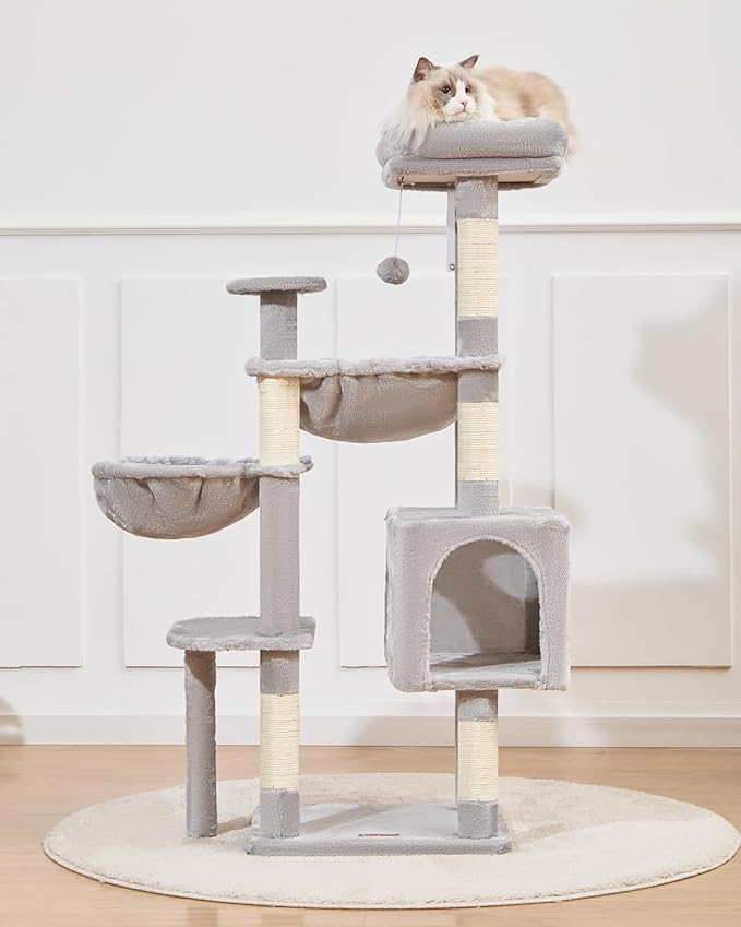 Taoqimiao Cat Tree, 51-Inch Cat Tower for Kittens, Cat Tree Tower with 5 Scratching Posts, Plush Cat Condo with Plush Perch, 2 Hammock, Pompoms, Light Gray MS019XL-W