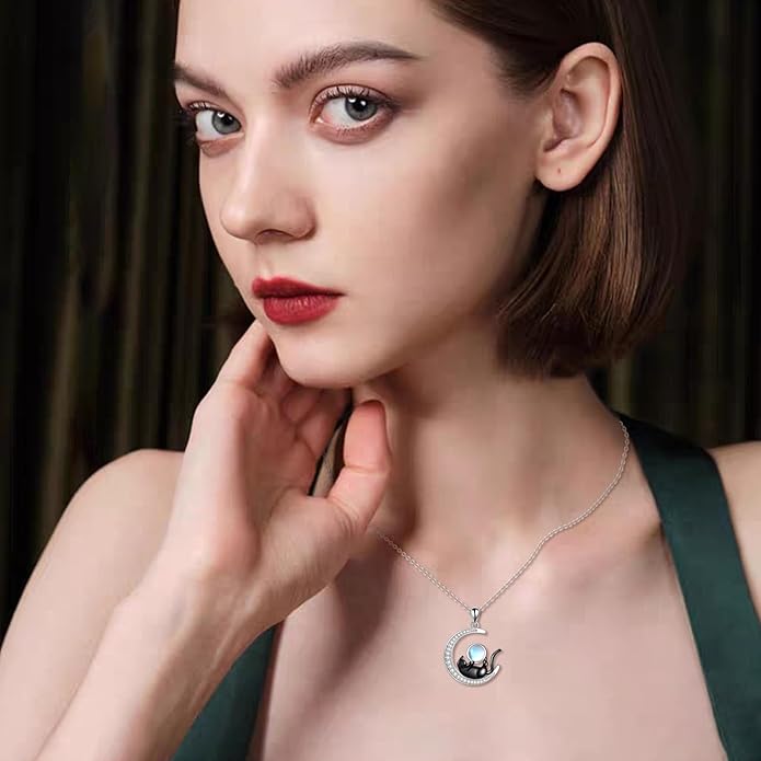925 Sterling Silver Celtic Crescent Moon Animal Necklace for Women Fox/Black Cat/Hummingbird Crystal/Abalone Shell Pendant Jewelry Gift for Mom Daughter