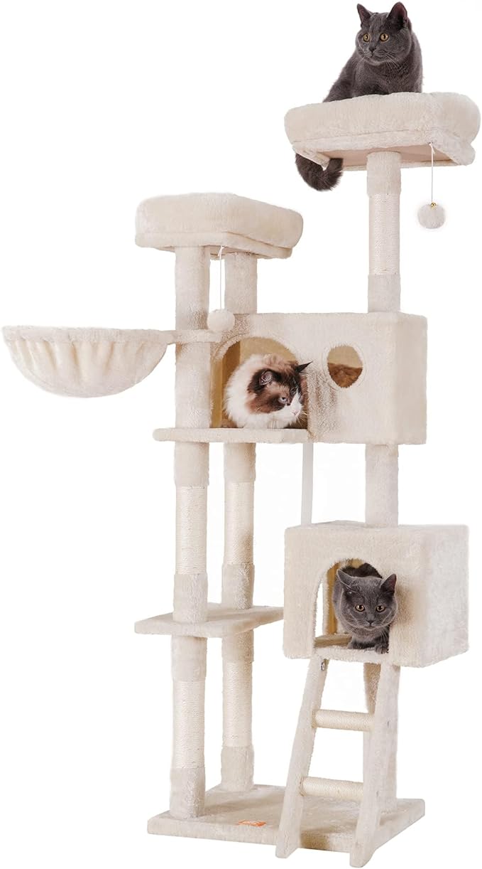 Heybly Cat Tree, Cat Tower for Indoor Cats,Multi-Level Cat Furniture Condo for Large Cats with 2 Padded Plush Perch, Cozy Basket and Scratching Posts HCT023M