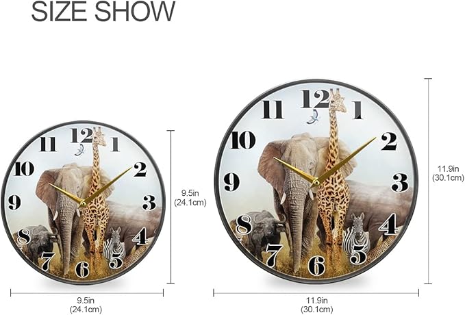 ALAZA Animal Elephant Lion African Safari Wall Clock Battery Operated Silent Non Ticking Clocks for Living Room Decor 12 Inch / 9.5 Inch