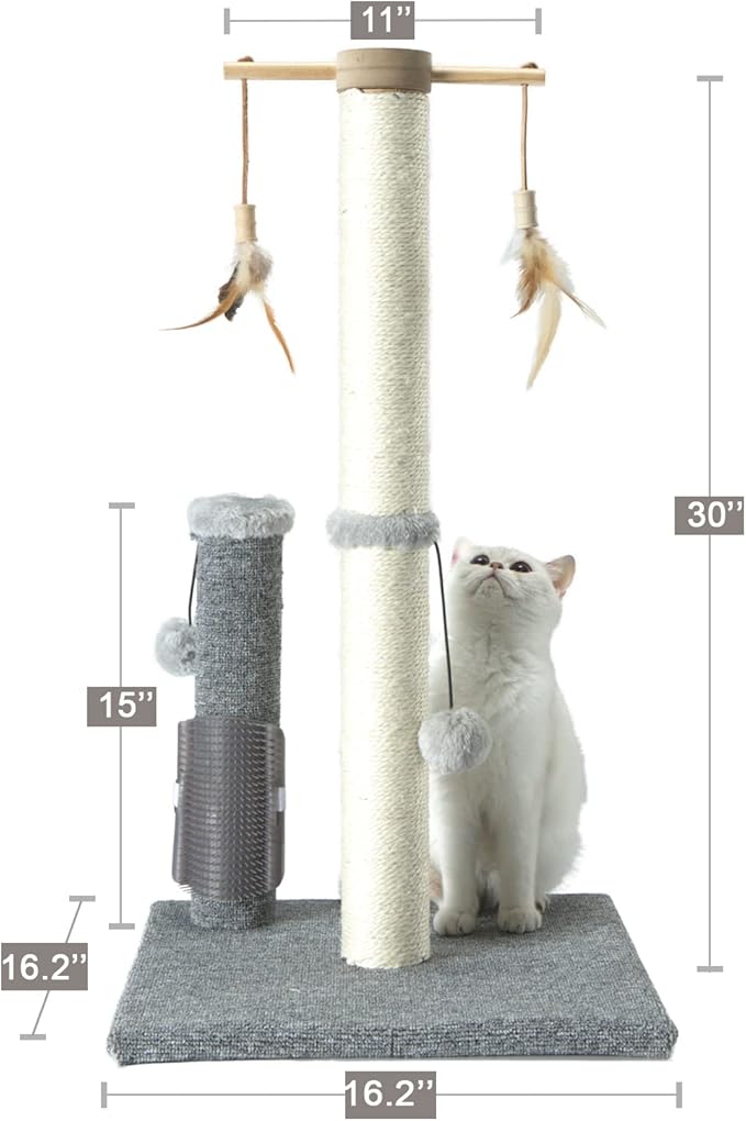 PAWSFANS Cat Scratching Post,Sisal Scratch Posts Vertical Scratcher for Indoor Cats and Kittens,with self Grooming Bursh and Interactive Toys 30 Inches Tall Grey