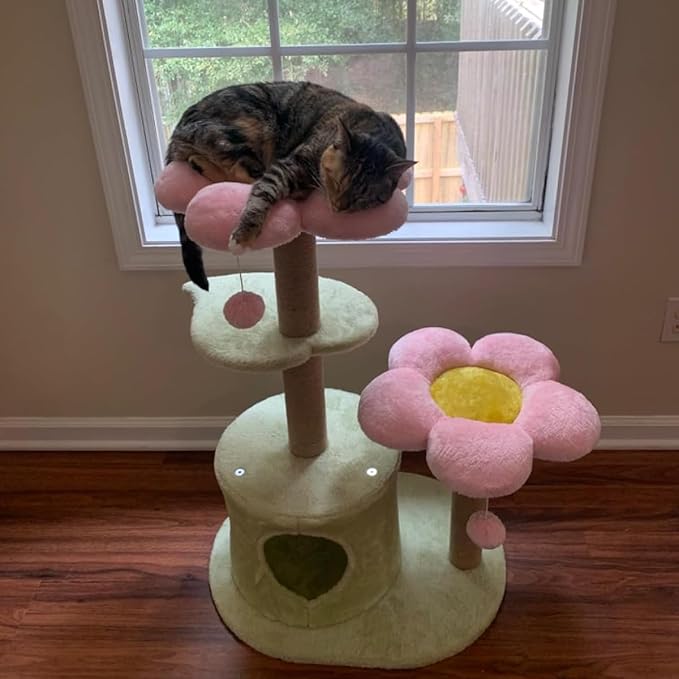 Erinnyees Flower Cat Tree, 38" Cat Tower with Scratching Post, Cute Cat Condo House with Dangling Ball for Kittens and Small Indoor Cats, Multi-Level Pet Play Climbing Stand