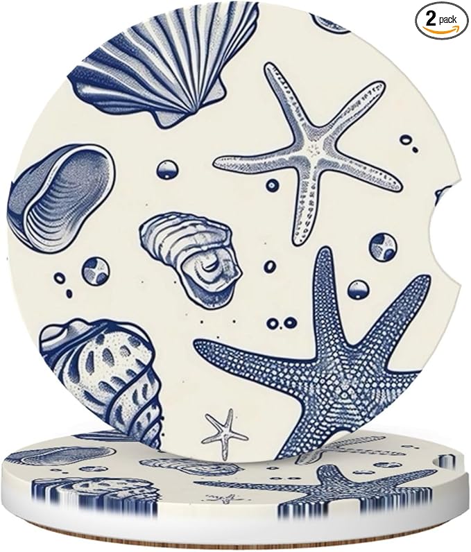 Absorbent Ceramic Car Coasters for Cup Holders, Blue Sea Starfish Shells Design 2.56" Anti Slip Universal Drink Cup Coasters for Women Men (2 Pack)