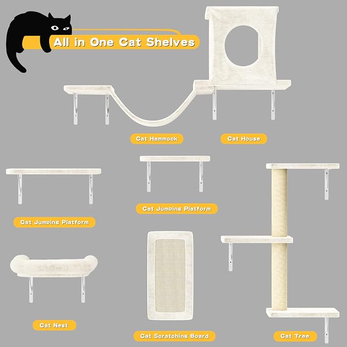 Wall Mounted Cat Furniture, 6pc Cat Wall Furniture, Cat Climber with Cat House, Bridge, Tree, Steps, and Scratcher, DIY Cat Walls Playground, Cat Shelves for Indoor Wall Furniture Set - White