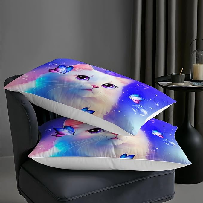 AILONEN Kids Cat Comforter Set Full Size,Butterfly Cute White Cat Bedding Set for Girls Boys,Purple Tint Duvet Set Cat Lovers 3 Pieces, 1 Quilt and 2 Pillowcases