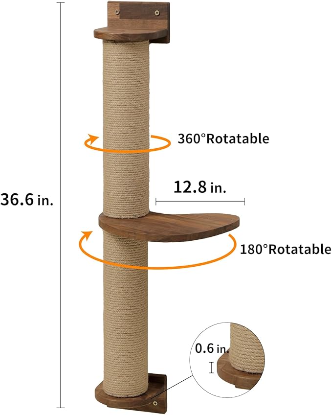 FUKUMARU Cat Tree, Solid Walnut Wood Cat Wall Furniture, Black Cat Wall Shelves with Scratching Posts and Pedal (Cat Activity Tree-Updated)