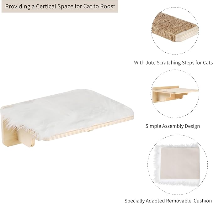 Cat Wall Shelves, 3 Steps Scratch Post, Cat Bed Hammock with Plush Covered for Indoor Cats