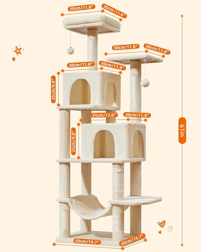Taoqimiao Cat Tree, 61-Inch Cat Tower for Indoor Cats, Plush Multi-Level Cat Condo with 5 Scratching Posts, 2 Perches, 2 Caves, Hammock, 2 Pompoms, Beige MS013SM