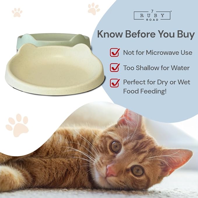 7 Ruby Road Anti Whisker Fatigue Cat Bowl, Set of 2 - Wide Cat Food Bowls, Wet and Dry Shallow Cat Food Dish, Small Cat Dishes for Indoor Cats, Cute Kitten Bowls Whisker Friendly & Relief Non-Slip 6oz