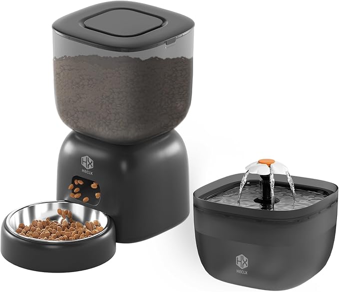 Automatic Cat Feeder with 3L Dry Cat Food Dispenser and 2L Water Fountain, Timed Feeder Dog with Portion Control and Daily Meals, Wire/Battery Automatic Feeders Black