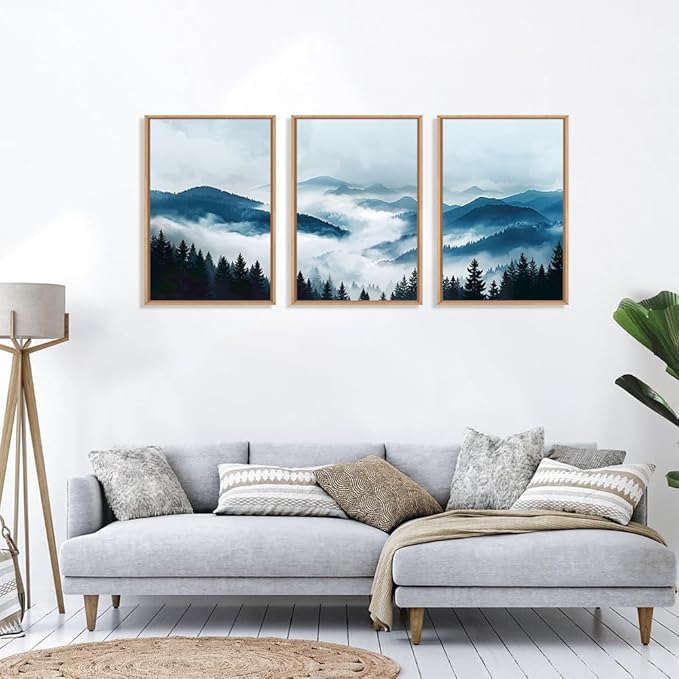 Ausril Blue Boho Mountain Framed Canvas Wall Art Set, Watercolor Misty Forest Wall Decor, Foggy Pine Tree Wall Painting, Nature Mountain Landscape Art Print for Living Room, Bedroom, Office 16"x24"x3