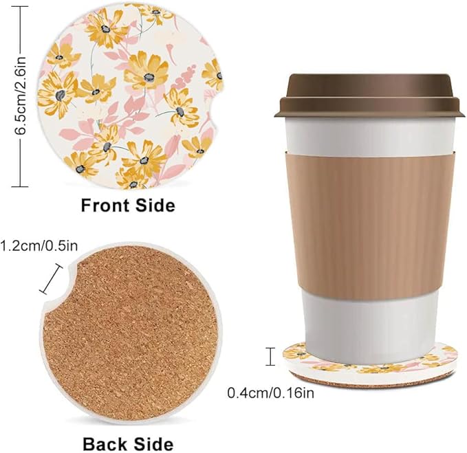 Absorbent Car Cupholder Coaster 2 Pack, Cute Car Coasters with a Finger Notch for Women & Men,2.56" Ceramic Stone & Non-Scratch Cork Base Drink Coasters, Cute Auto Accessories Gifts