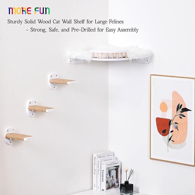 Cat Wall Shelves, Corner Cat Shelf with 3 Cat Wall Steps, Cat Shelves for Wall Large Cats Set, Cat Wall Bed with Plush Covered, Wall Mounted Cat Climbing Shelf for Indoor Cats (White)