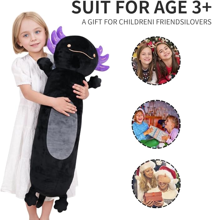 28 inch Black Axolotl Stuffed Animal, Cute Long Body Cuddle Squishy Pillow, Big Axolotl Plushies Toy Gifts for Kids, Boys for Birthday