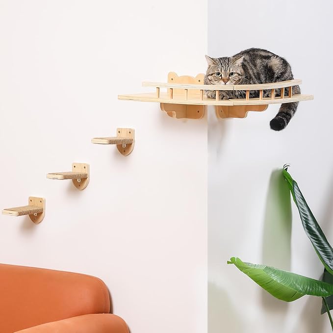 Cat Shelves for Wall, 2 Pcs Cat Wall Shelves with 3 Cat Wall Steps, Wood Cat Wall Furniture Set with Plush Covered, Wall-Mounted Cat Climbing Shelves Cat Perch for Indoor Large Cat (Wood)