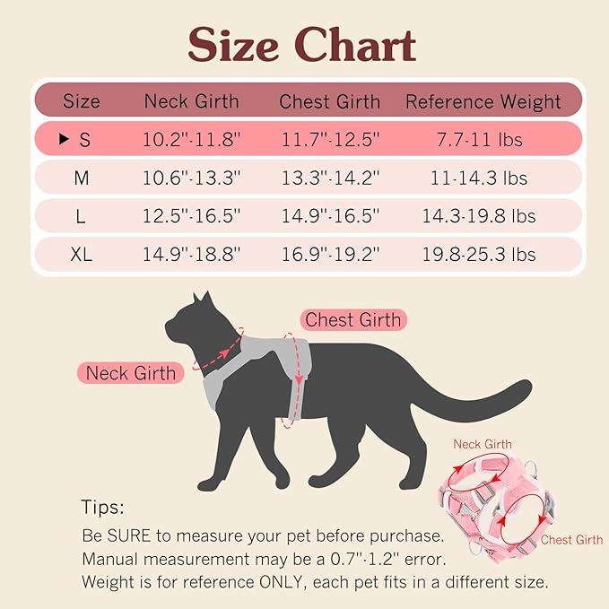 Cat Harness and Leash Set for Walking, Adjustable Kitten Vest Harness with Reflective Strip Breathable Mesh, Escape Proof Soft Pet Safety Vest for Cats, Kittens, Puppies, S, Pink