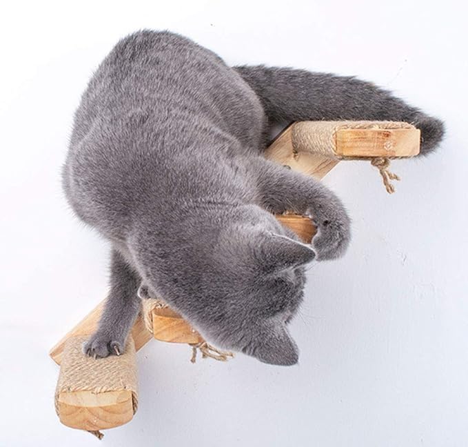 Skywin Cat Steps - Grey Solid Rubber Wood Cat Stairs Great for Scratching and Climbing - Easy to Install Wall Mounted Cat Shelves for Playful Cats (Left to Right)