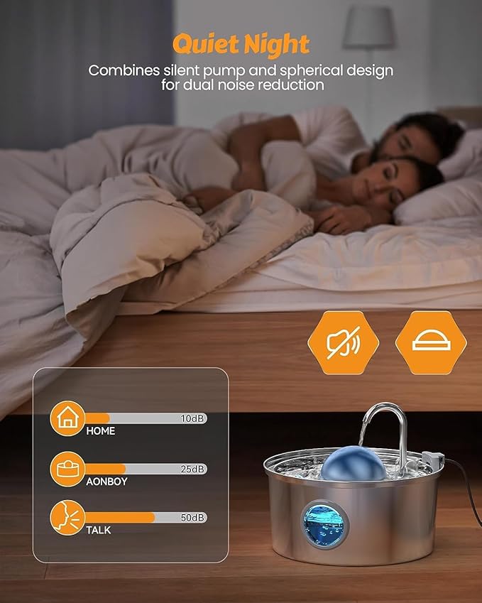 AONBOY Cat Water Fountain with Water Level Window, 108oz/3.2L Cat Fountain Stainless Steel, 6Filters + 3Sponge Filters, Faucet Shape Dog Water Fountain, Double Noise Reduction Design, Multi Filtration